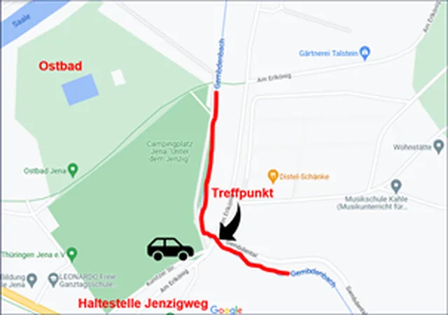 Karte mit eingezeichneter Route vom Jenzigweg zur Markierung "Treffpunkt" in der Nähe des Ostbads in Jena.
