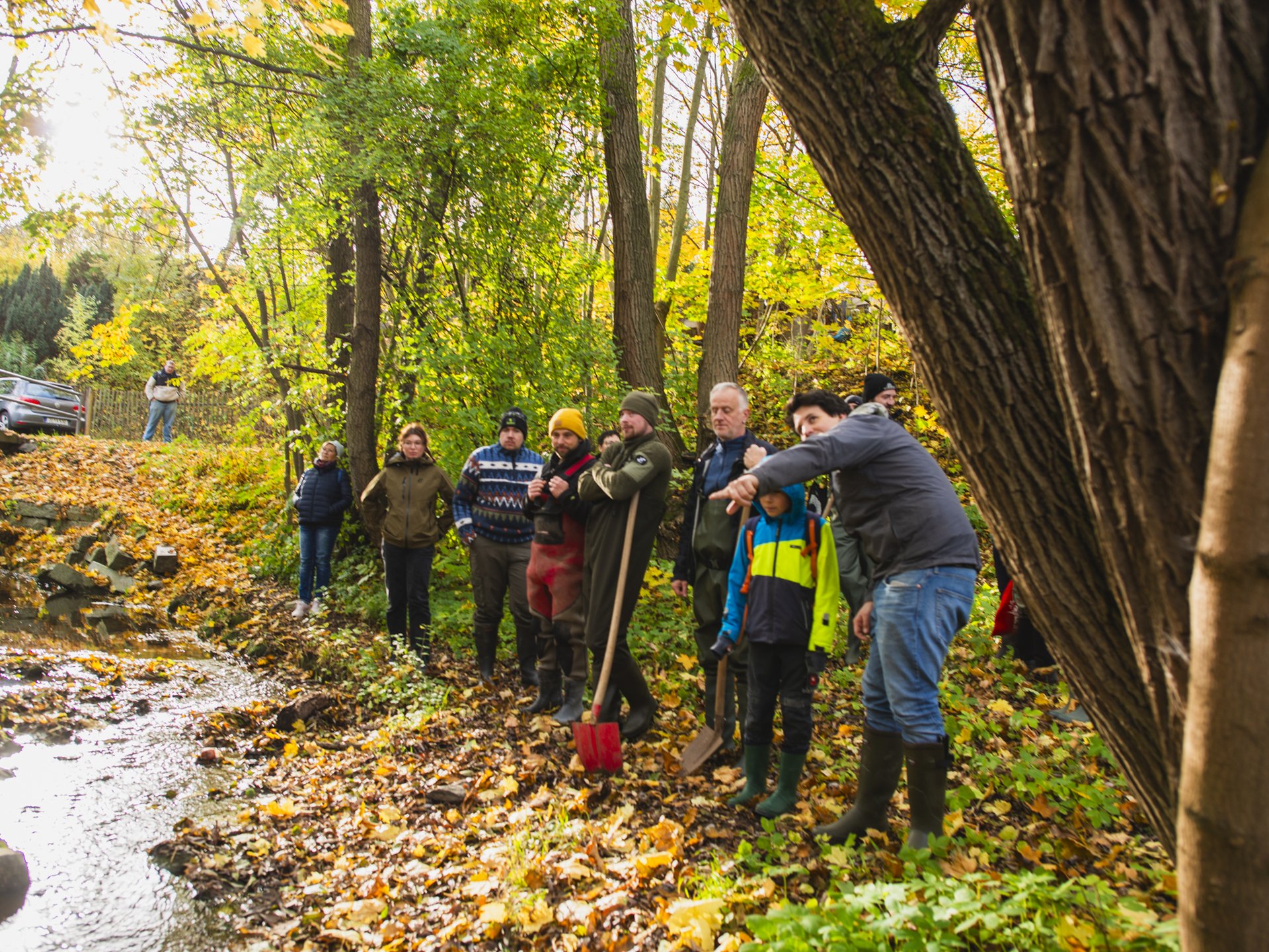 Gruppe von Menschen steht mit Schaufeln an einem Bach im Wald und beteiligt sich an einer Gewässerpflegemaßnahme im Herbst.