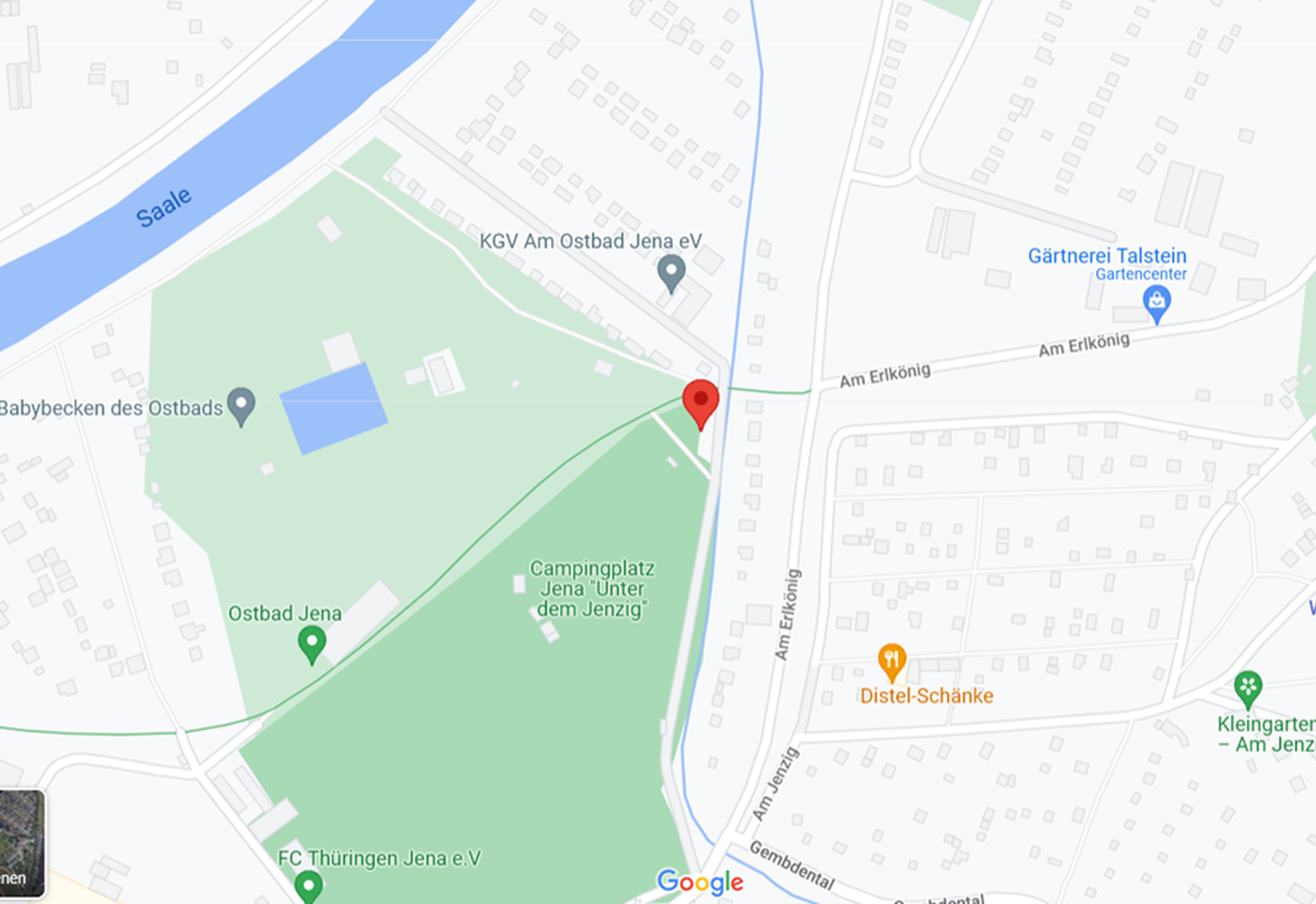 Kartenausschnitt von Jena mit markiertem Standort am Rand eines Parks, nahe der Saale und dem Ostbad Jena.