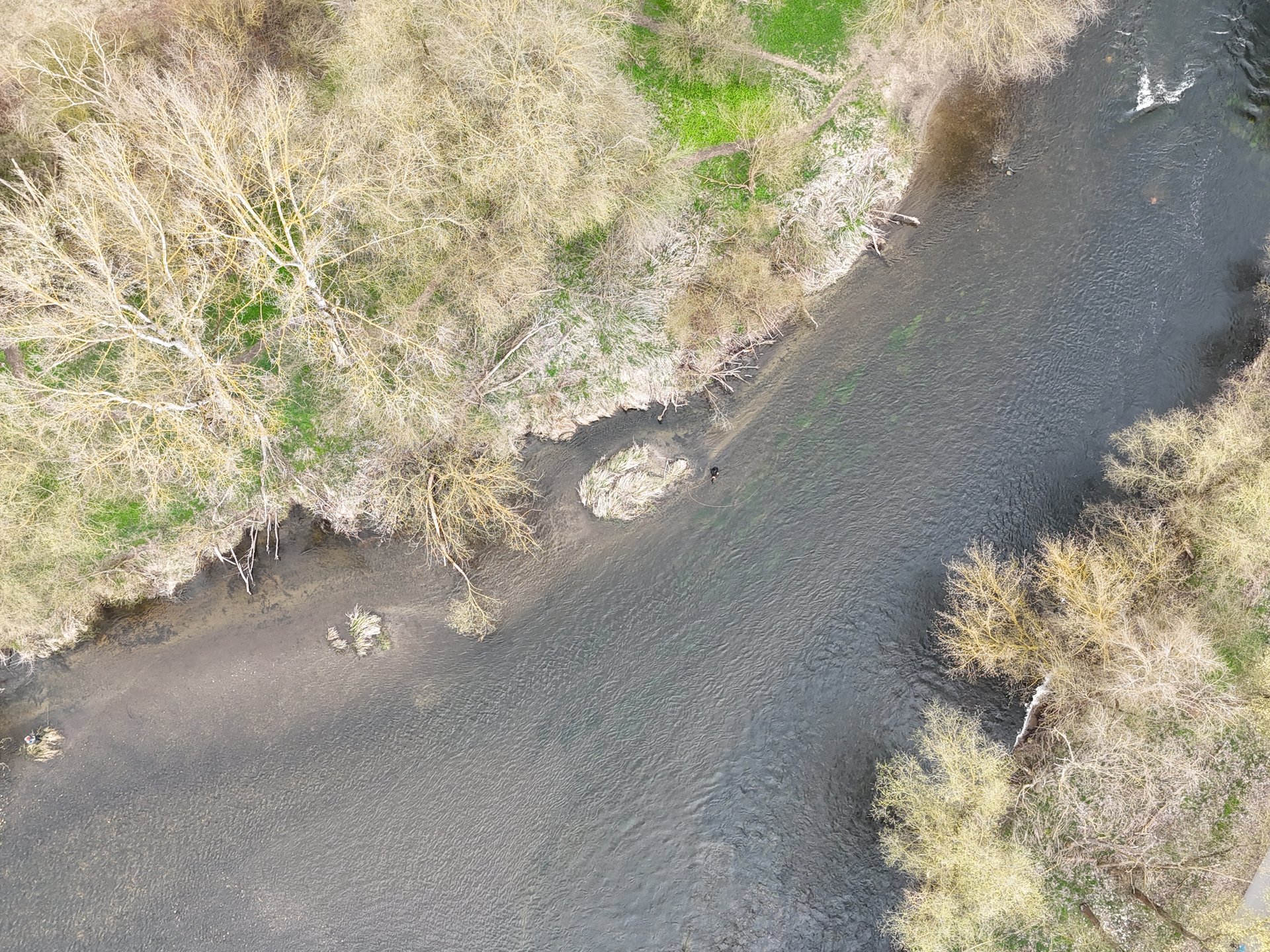 Luftaufnahme eines Flusses, der sich durch eine von kahlen Bäumen gesäumte Landschaft schlängelt. Rechts ist ein schmaler Weg zu sehen.
