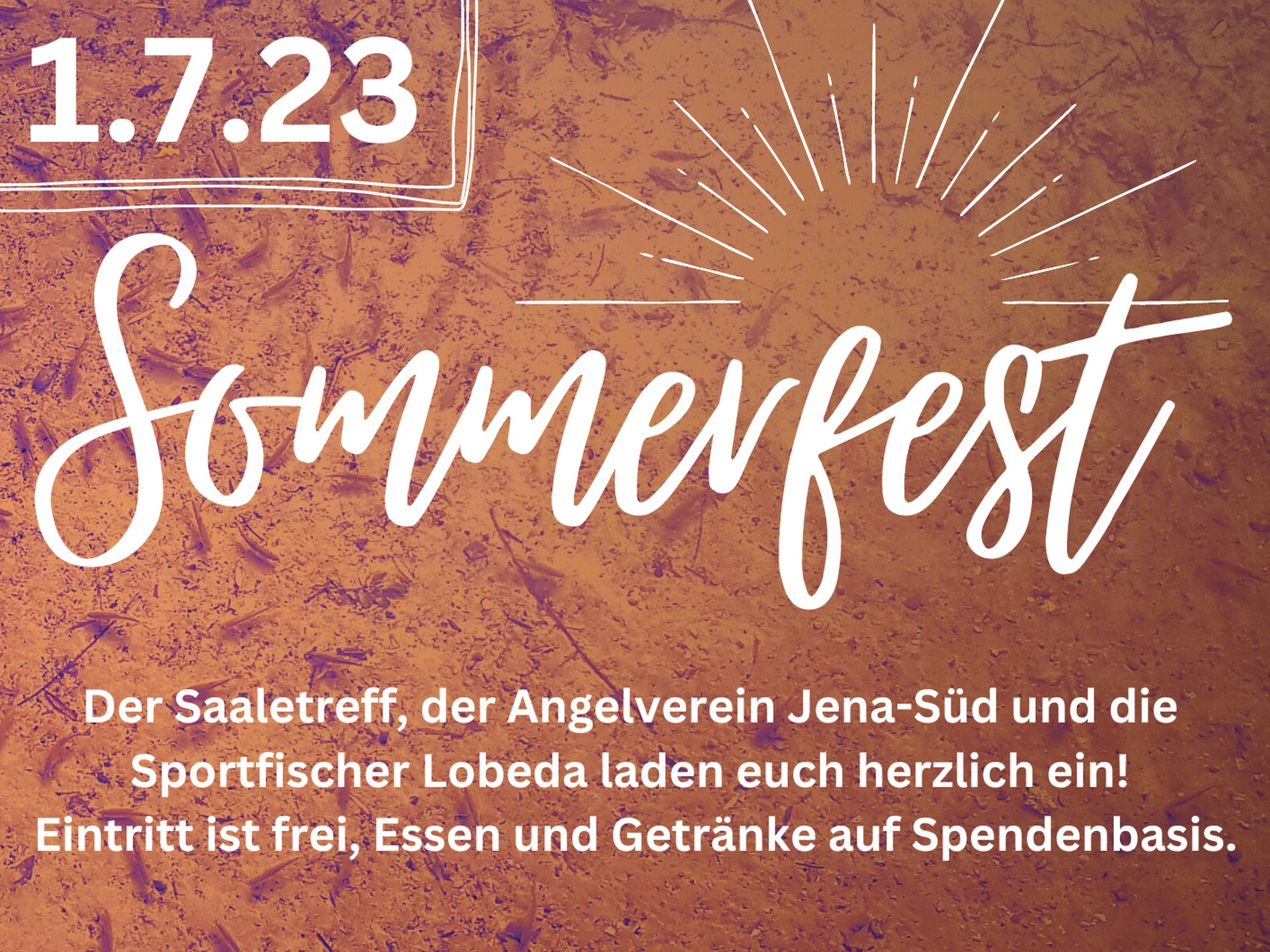 Plakat für ein Sommerfest am 1.7.23 von 15-21 Uhr in Jena mit Informationen zu Essen, Trinken, Räucherfisch, Kuchenbasar, Angeln und Musik. Veranstaltungsort und Logos sind am unteren Rand dargestellt.