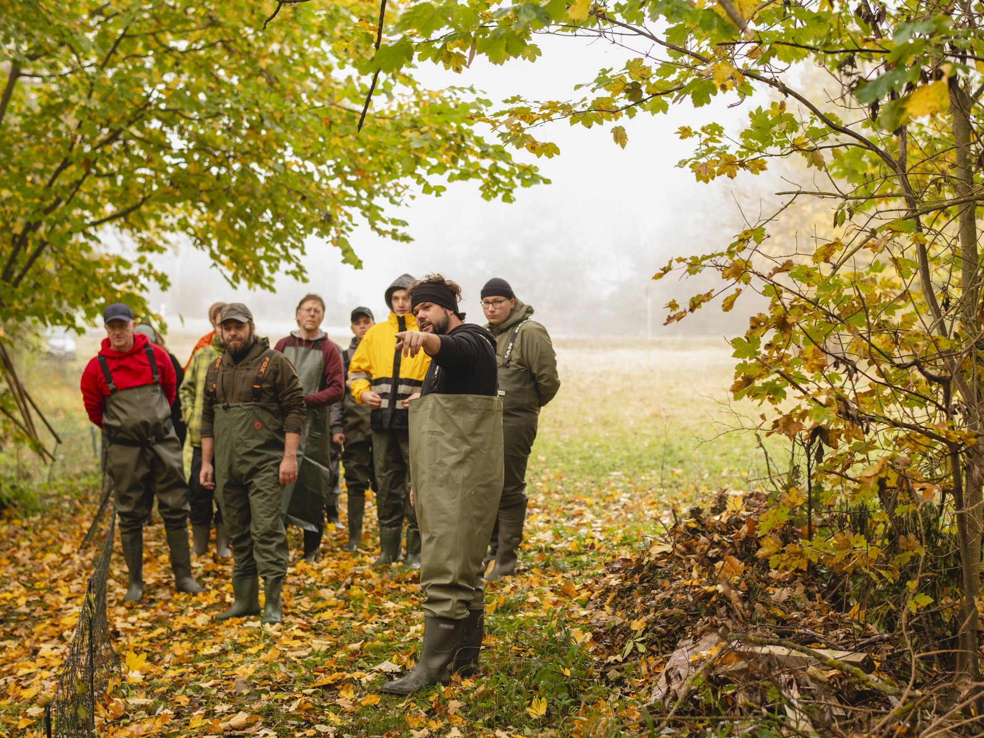 Eine Gruppe von Menschen in Outdoor-Kleidung steht auf einem herbstlichen Waldweg und schaut in dieselbe Richtung.