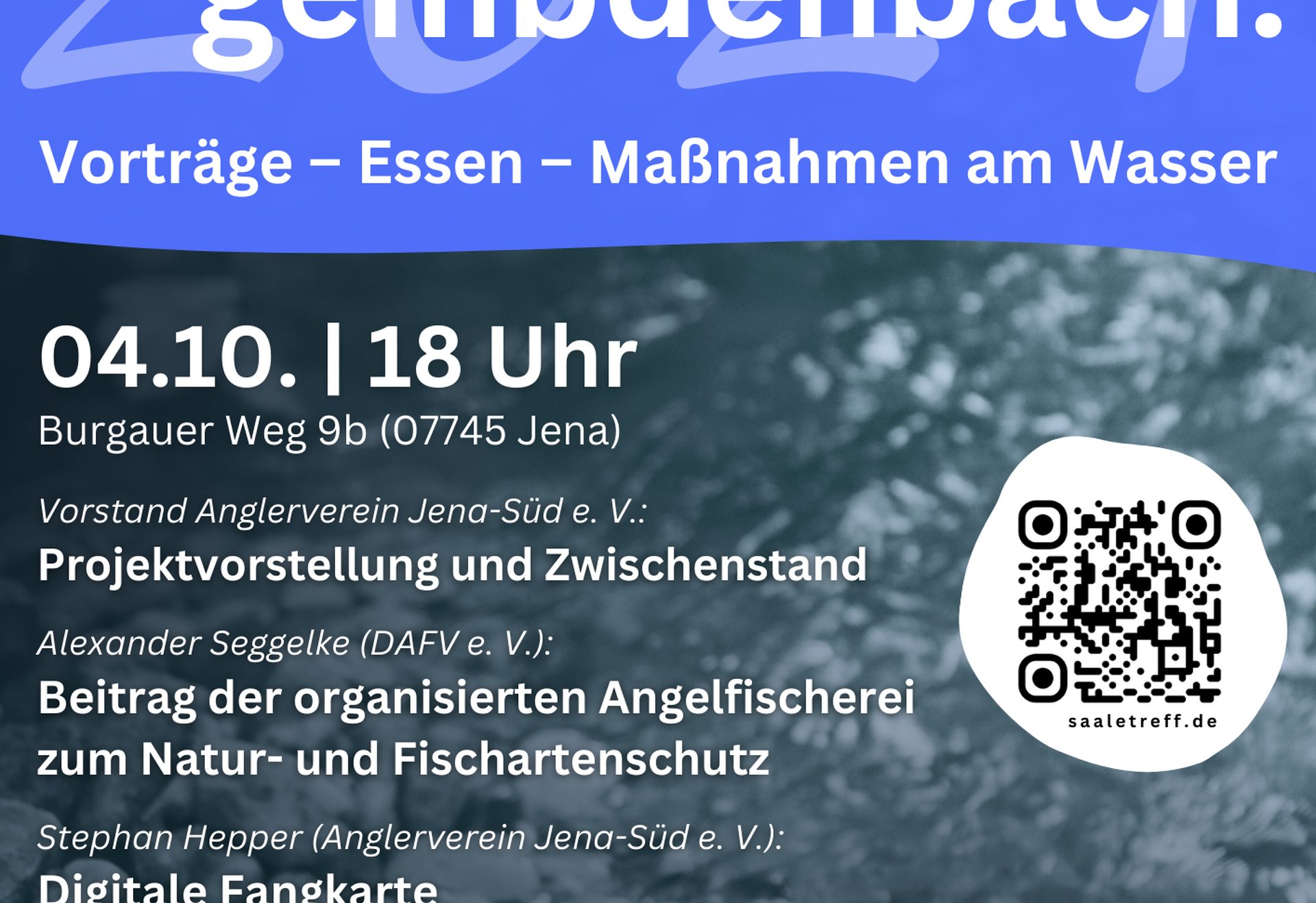 Veranstaltungsplakat für "Lebendiger Gembdenbach 2024" mit Informationen zu Vorträgen und Maßnahmen am Wasser, Terminen am 4. und 5. Oktober, Logos verschiedener Verbände, QR-Code und Naturhintergrund.