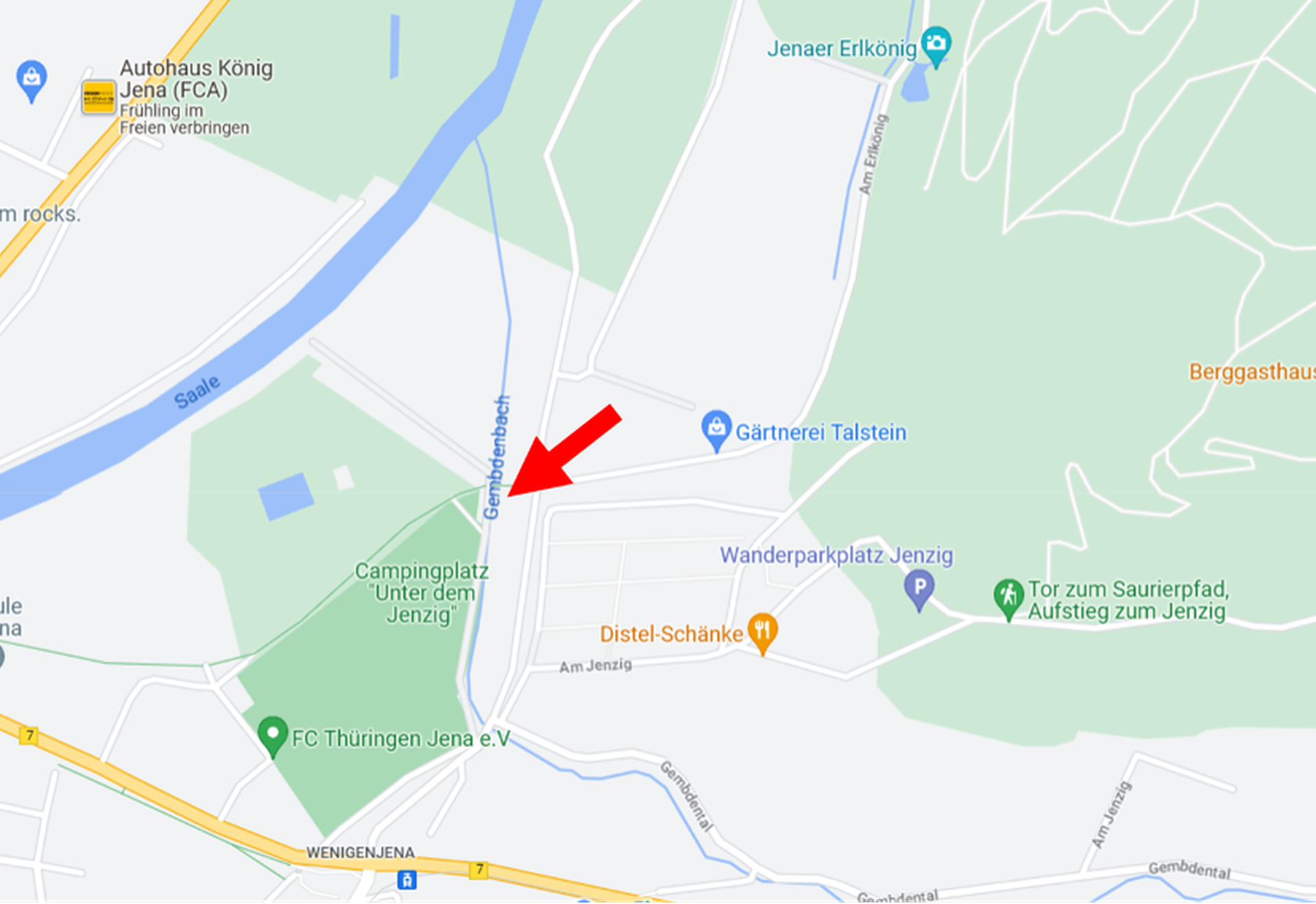 Ausschnitt einer digitalen Landkarte von Jena mit rotem Pfeil, der auf den Gembdenbach zeigt.